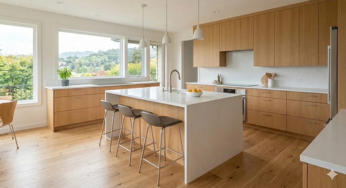A bright, modern Bay Area kitchen featuring a large white quartz island, natural wood cabinetry, and expansive windows.